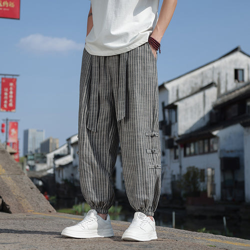 Linen Loose Thin Cotton And Linen Stripes Ankle Banded Pants