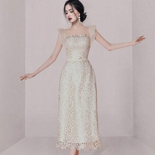 Elegant Patchwork Lace High Waisted Cream Dress