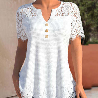 Plus Size Women's Knitted Lace Stitching Lace Short-sleeved shirt
