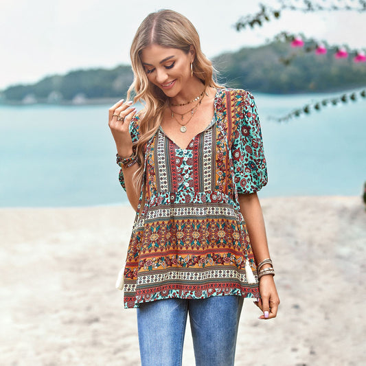 Country Bohemian Shirt Commuter V-neck Top