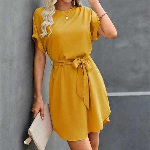 Loose Plus Size Temperament Pure Color Tied Waist Girdle Dress