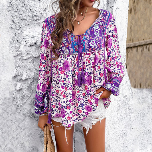 purple,floraltop, bohemianfashion, flowyshirts, women, lavendercolorshirt, longsleevetrendyshirt