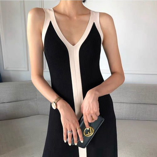 Color Matching Front And Back V-neck Long Spaghetti Straps Knitted Dress