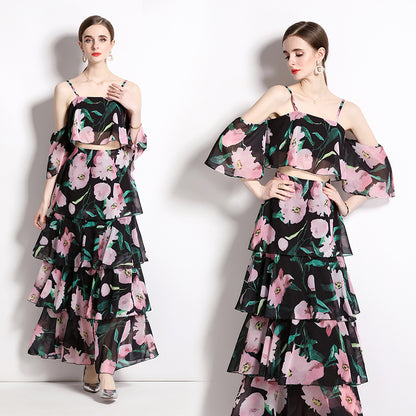 Vacation Style Chiffon Printed Cake Fairy Two-piece Set Long Dress