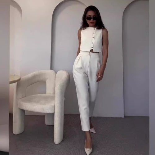 Sleeveless Vest Top High Waist Straight Pants Solid Color Two-piece Set