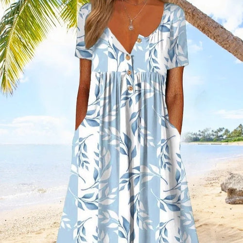 V-Neck Printed Short Sleeve Loose Long Dress