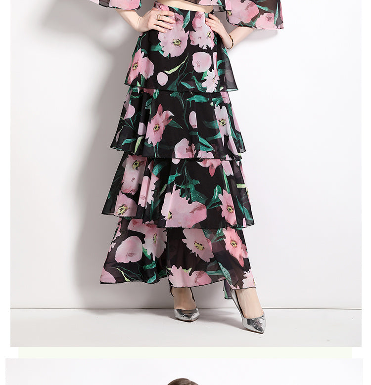 Vacation Style Chiffon Printed Cake Fairy Two-piece Set Long Dress